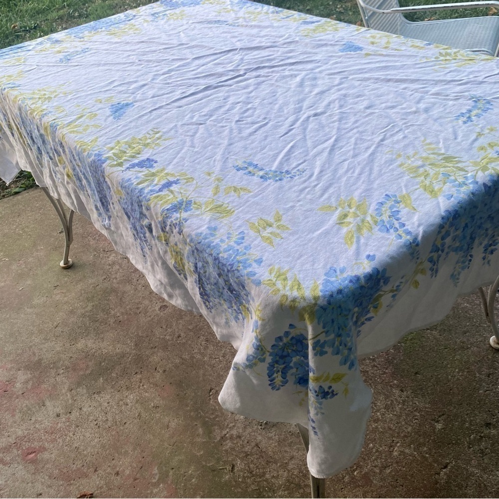 Vintage Blue Yellow White Floral Botanical Tablecloth Table Linen